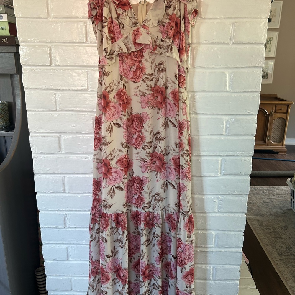 Aakaa Pink and Red Tiered Ruffled Off-Shoulder Maxi Dress